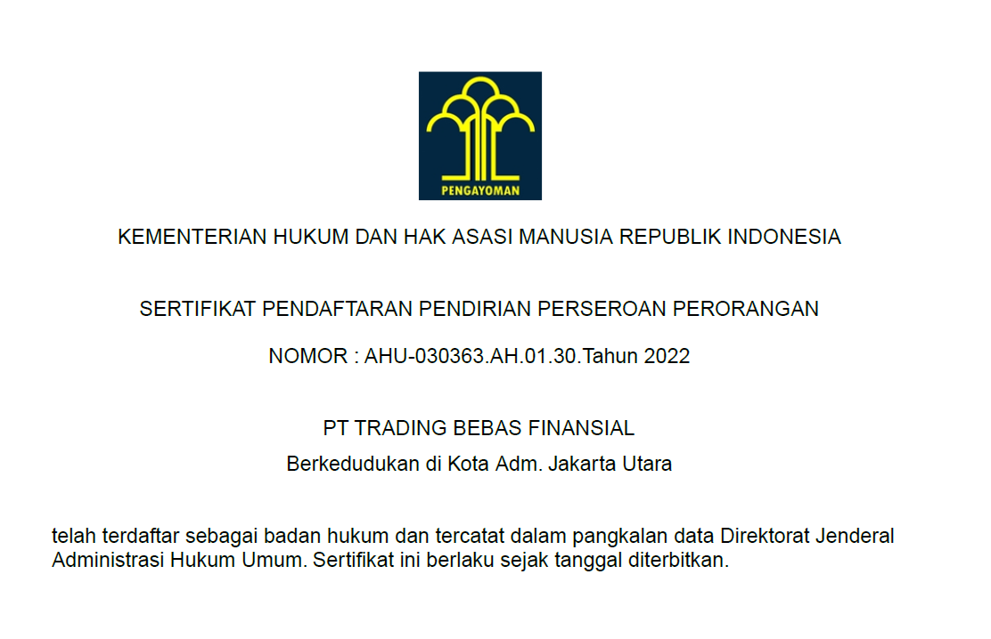 Sertifikat pendirian PT Trading Bebas Finansial