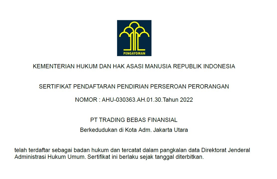 Sertifikat pendirian PT Trading Bebas Finansial